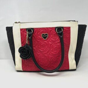 Betsey Johnson NY Satchel Red White Black Rose Quilted Bag Purse *Flaw